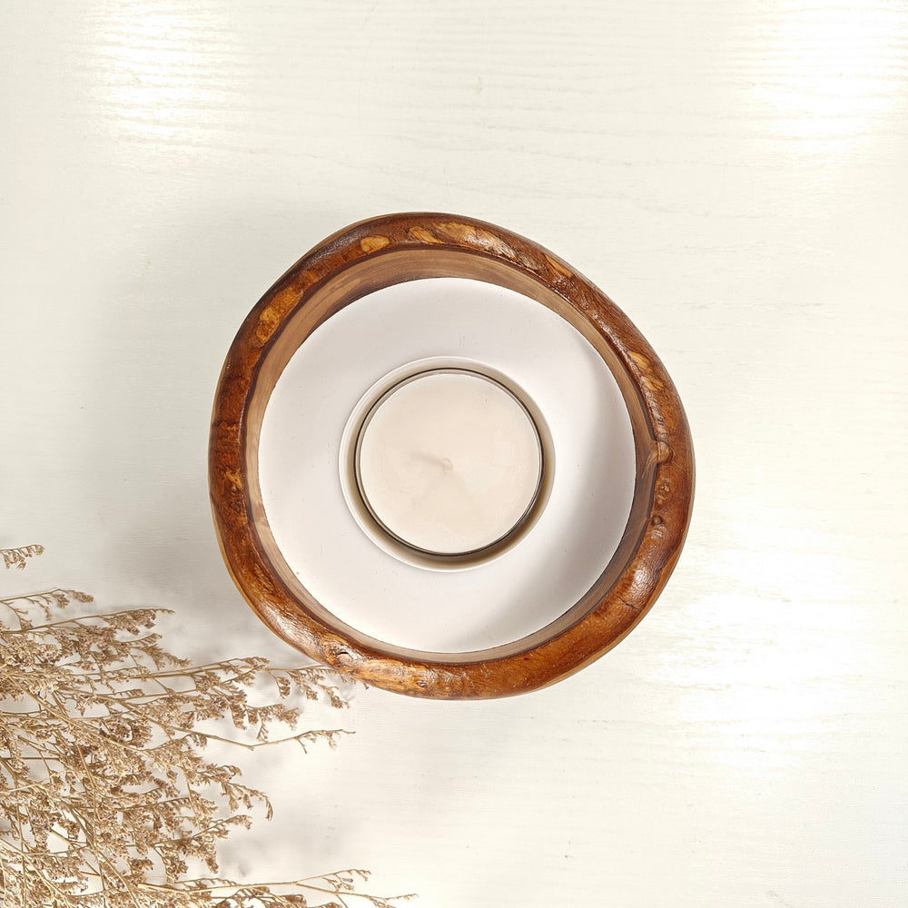 Teelicht-Kerze in Olivenholzschale, TRC-L-00165, D 13cm, 60mm Teelicht