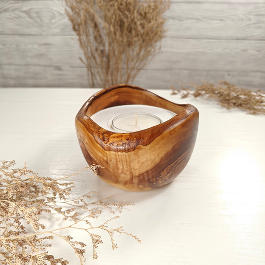 Teelicht-Kerze in Olivenholzschale, TRC-L-00165, D 13cm, 60mm Teelicht