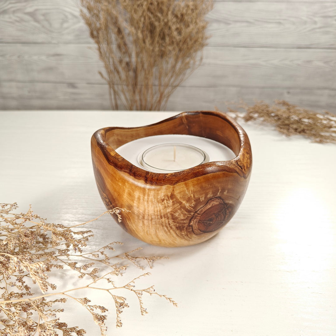 Teelicht-Kerze in Olivenholzschale, TRC-L-00165, D 13cm, 60mm Teelicht
