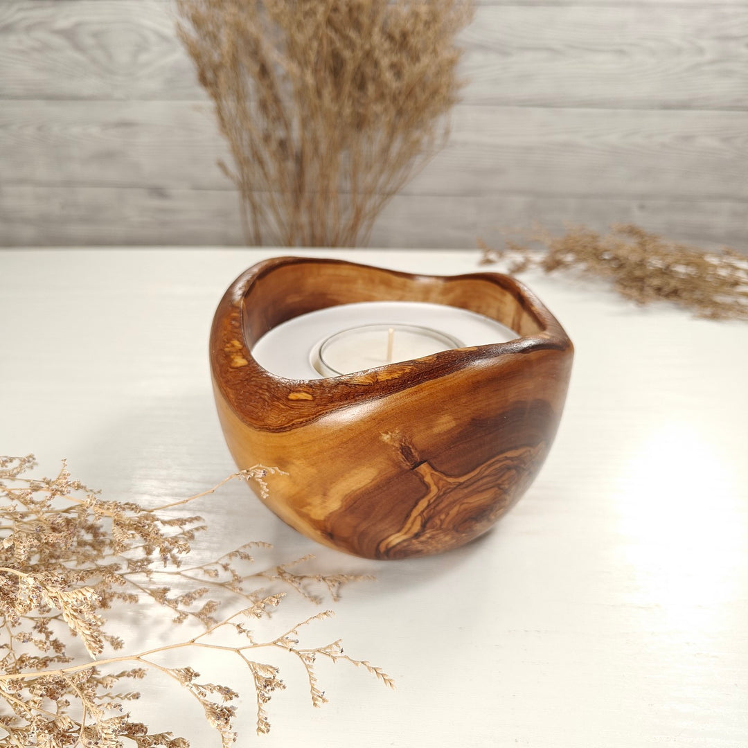 Teelicht-Kerze in Olivenholzschale, TRC-L-00165, D 13cm, 60mm Teelicht