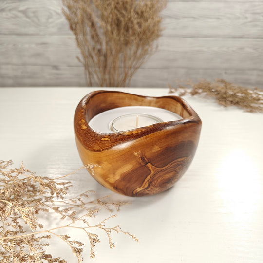 Teelicht-Kerze in Olivenholzschale, TRC-L-00165, D 13cm, 60mm Teelicht