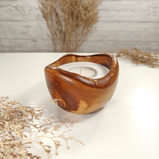 Teelicht-Kerze in Olivenholzschale, TRC-L-00165, D 13cm, 60mm Teelicht