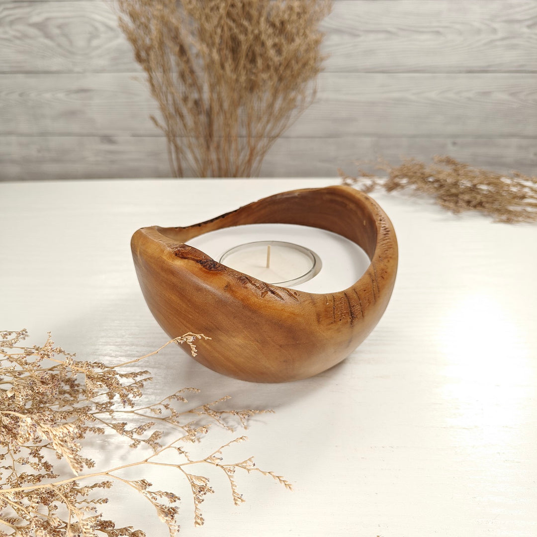 Teelicht-Kerze in Olivenholzschale, TRC-L-00166, D 14cm, 60mm Teelicht