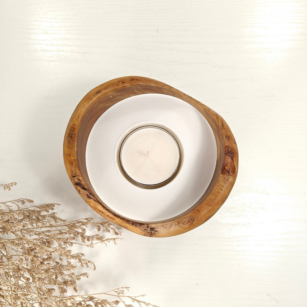 Teelicht-Kerze in Olivenholzschale, TRC-L-00166, D 14cm, 60mm Teelicht