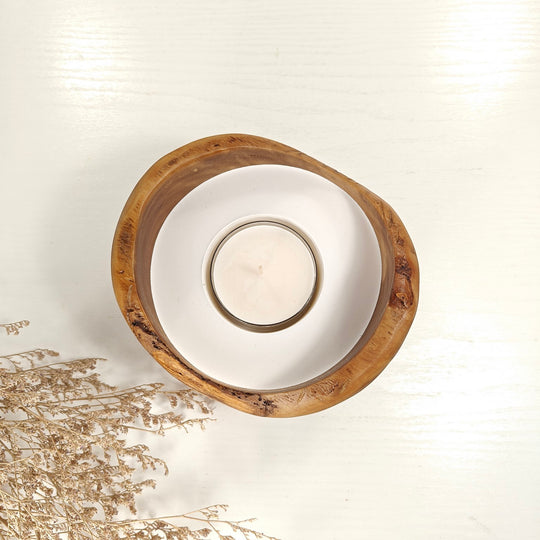 Teelicht-Kerze in Olivenholzschale, TRC-L-00166, D 14cm, 60mm Teelicht