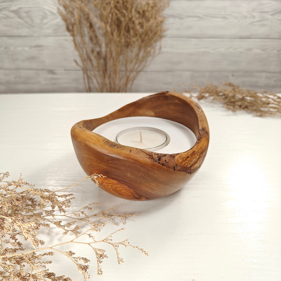 Teelicht-Kerze in Olivenholzschale, TRC-L-00166, D 14cm, 60mm Teelicht