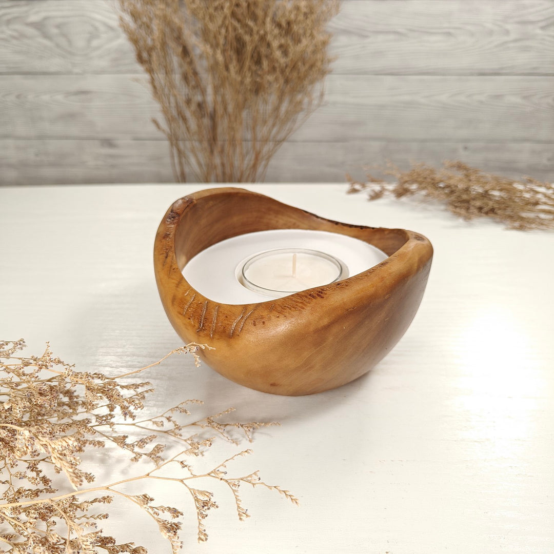 Teelicht-Kerze in Olivenholzschale, TRC-L-00166, D 14cm, 60mm Teelicht