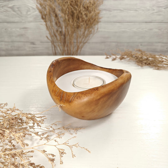 Teelicht-Kerze in Olivenholzschale, TRC-L-00166, D 14cm, 60mm Teelicht