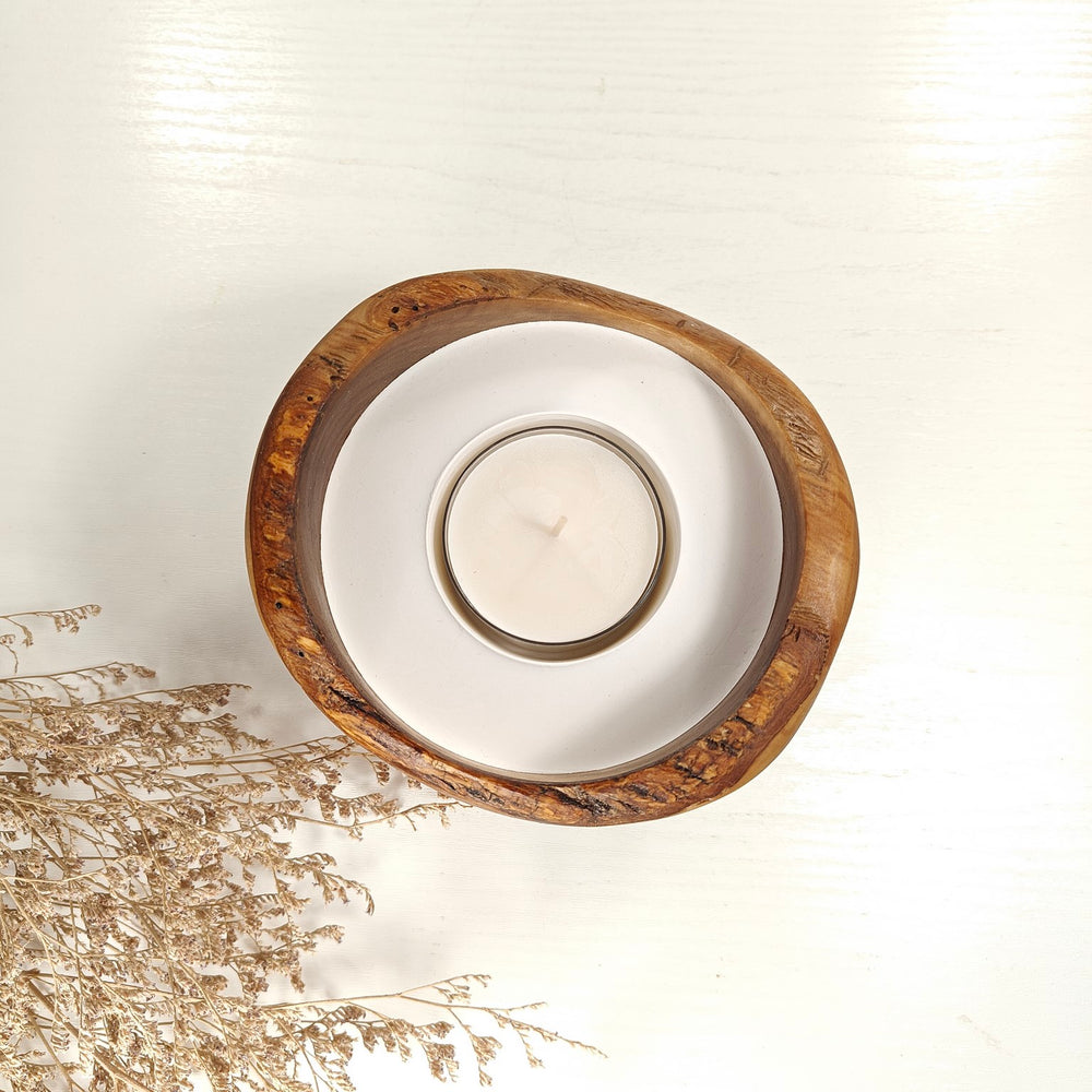 Teelicht-Kerze in Olivenholzschale, TRC-L-00167, D 14cm, 60mm Teelicht