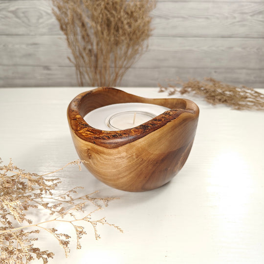 Teelicht-Kerze in Olivenholzschale, TRC-L-00167, D 14cm, 60mm Teelicht