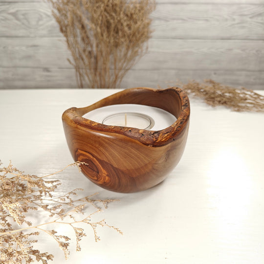 Teelicht-Kerze in Olivenholzschale, TRC-L-00167, D 14cm, 60mm Teelicht