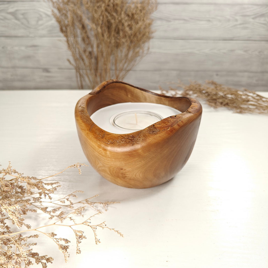 Teelicht-Kerze in Olivenholzschale, TRC-L-00167, D 14cm, 60mm Teelicht