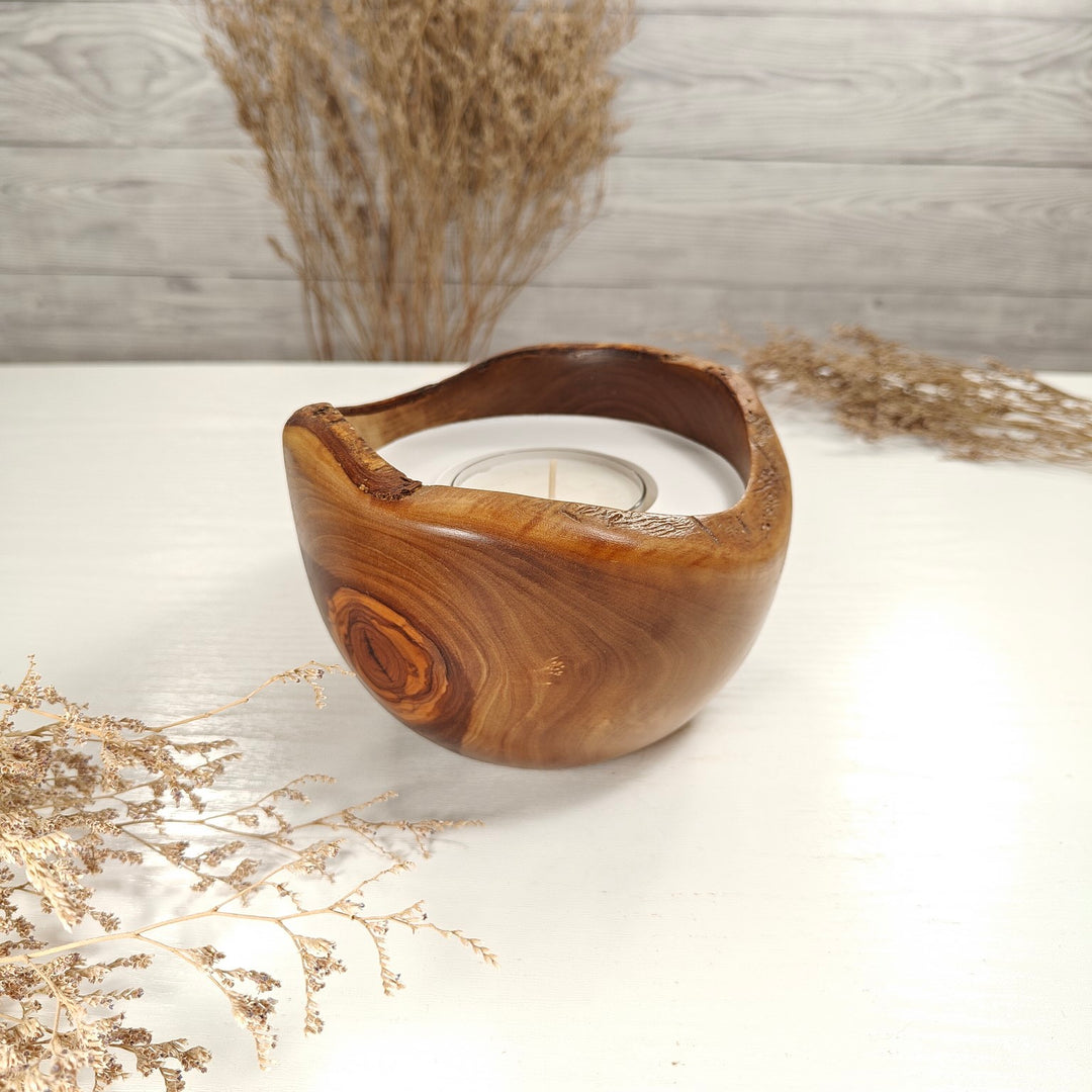 Teelicht-Kerze in Olivenholzschale, TRC-L-00167, D 14cm, 60mm Teelicht