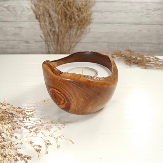 Teelicht-Kerze in Olivenholzschale, TRC-L-00167, D 14cm, 60mm Teelicht