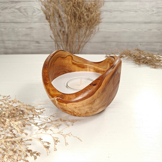Teelicht-Kerze in Olivenholzschale, TRC-L-00168, D 14cm, 60mm Teelicht