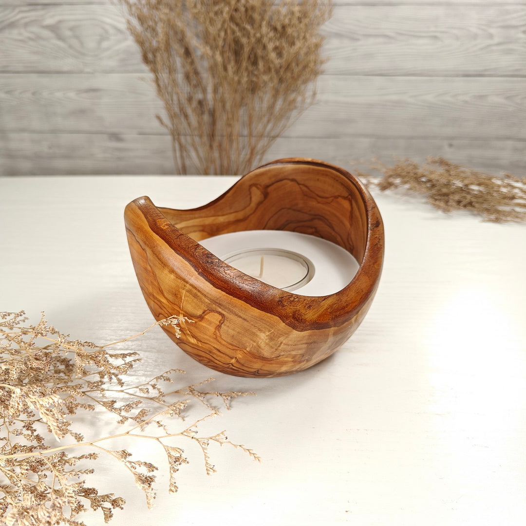 Teelicht-Kerze in Olivenholzschale, TRC-L-00168, D 14cm, 60mm Teelicht
