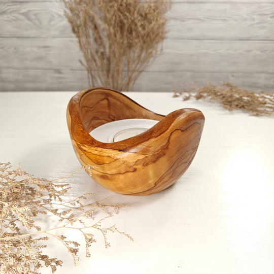 Teelicht-Kerze in Olivenholzschale, TRC-L-00168, D 14cm, 60mm Teelicht