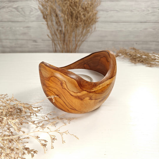 Teelicht-Kerze in Olivenholzschale, TRC-L-00168, D 14cm, 60mm Teelicht
