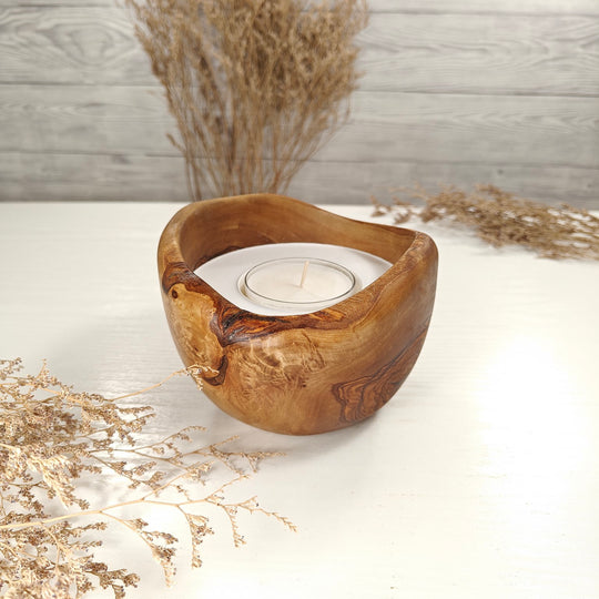 Teelicht-Kerze in Olivenholzschale, TRC-L-00169, D 13cm, 60mm Teelicht