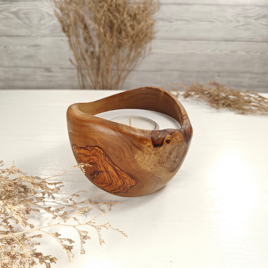 Teelicht-Kerze in Olivenholzschale, TRC-L-00169, D 13cm, 60mm Teelicht