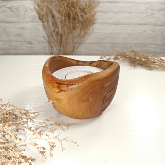 Teelicht-Kerze in Olivenholzschale, TRC-L-00169, D 13cm, 60mm Teelicht