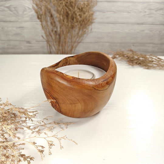 Teelicht-Kerze in Olivenholzschale, TRC-L-00169, D 13cm, 60mm Teelicht