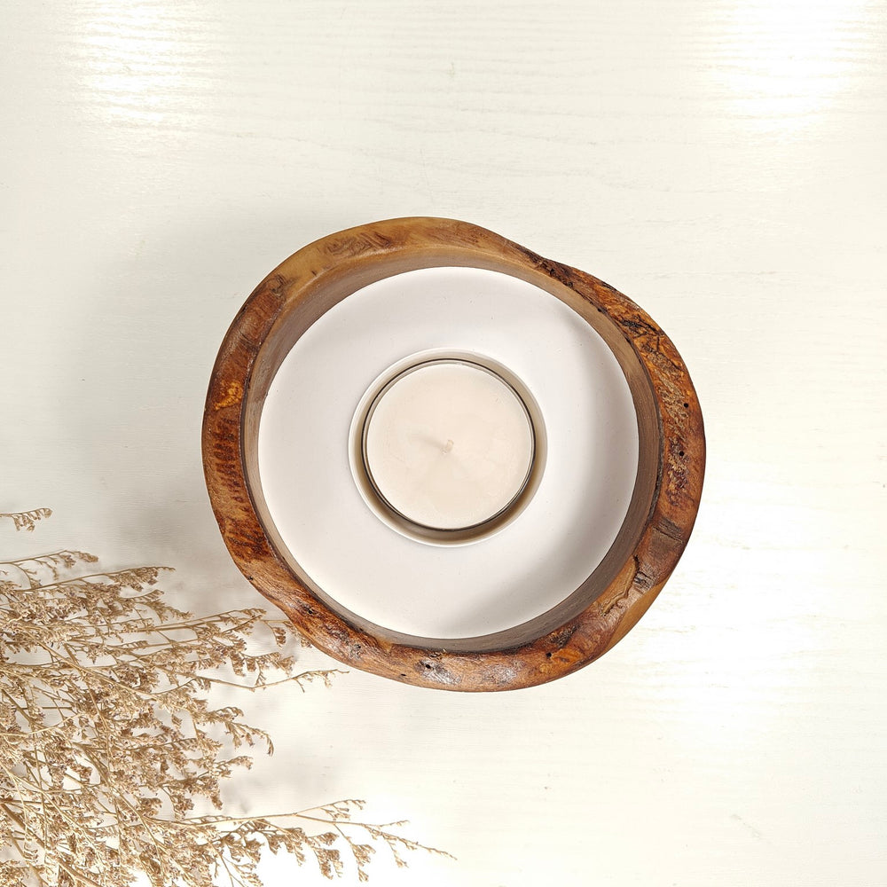 Teelicht-Kerze in Olivenholzschale, TRC-L-00170, D 14cm, 60mm Teelicht