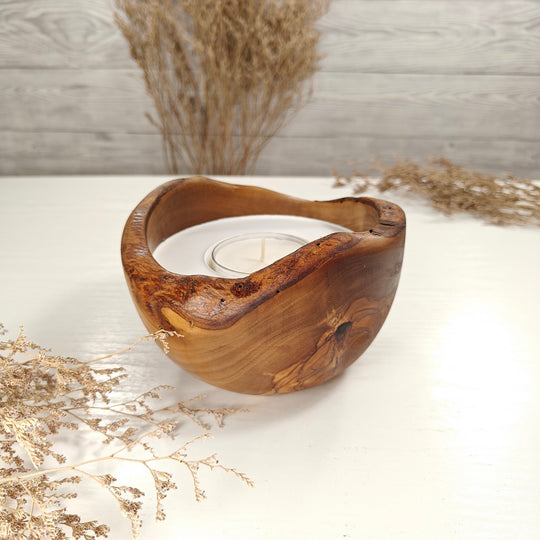 Teelicht-Kerze in Olivenholzschale, TRC-L-00170, D 14cm, 60mm Teelicht