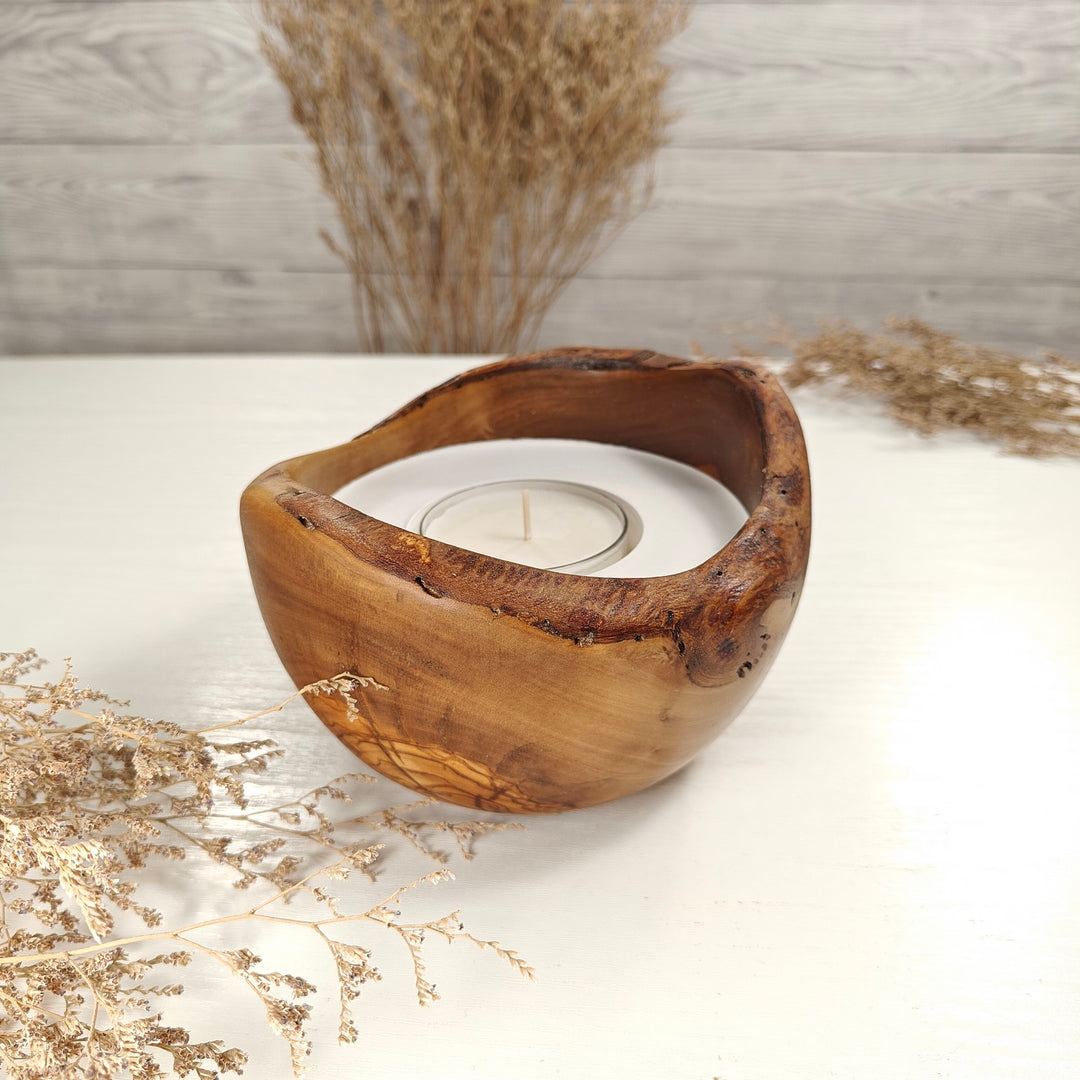 Teelicht-Kerze in Olivenholzschale, TRC-L-00170, D 14cm, 60mm Teelicht