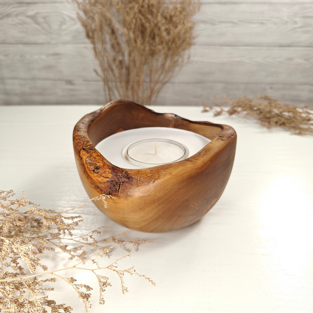 Teelicht-Kerze in Olivenholzschale, TRC-L-00170, D 14cm, 60mm Teelicht