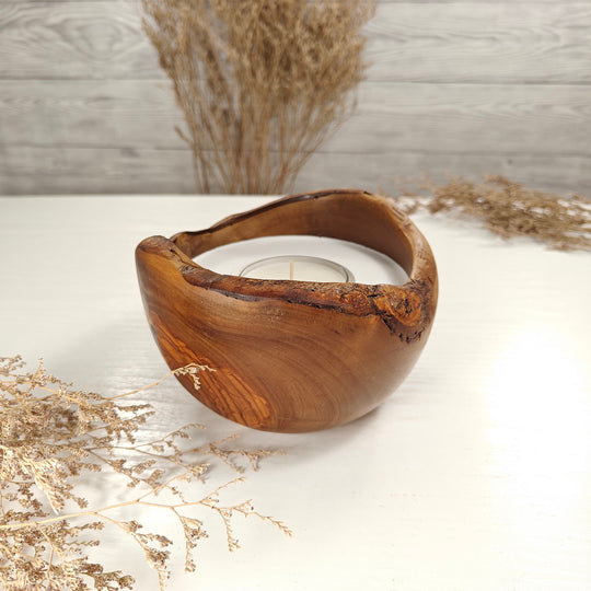 Teelicht-Kerze in Olivenholzschale, TRC-L-00170, D 14cm, 60mm Teelicht
