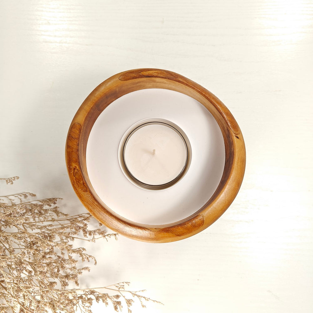 Teelicht-Kerze in Olivenholzschale, TRC-L-00171, D 14cm, 60mm Teelicht