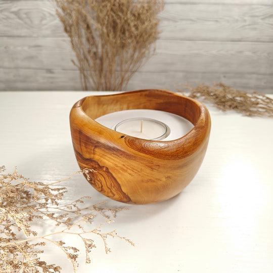 Teelicht-Kerze in Olivenholzschale, TRC-L-00171, D 14cm, 60mm Teelicht