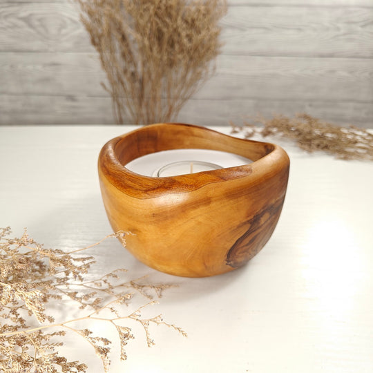 Teelicht-Kerze in Olivenholzschale, TRC-L-00171, D 14cm, 60mm Teelicht