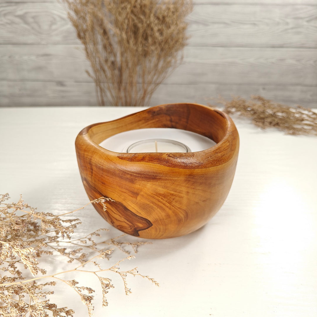 Teelicht-Kerze in Olivenholzschale, TRC-L-00171, D 14cm, 60mm Teelicht