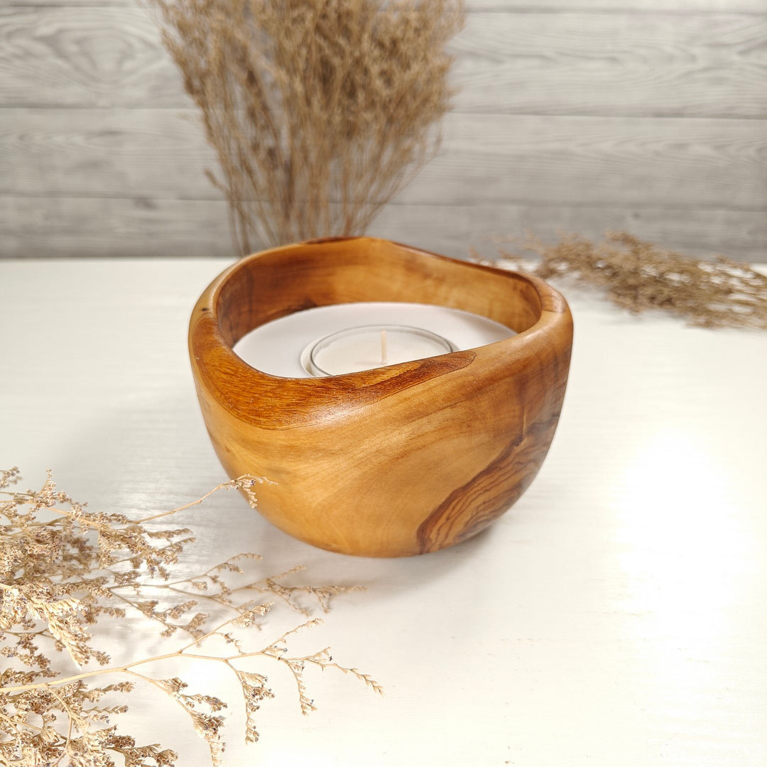 Teelicht-Kerze in Olivenholzschale, TRC-L-00171, D 14cm, 60mm Teelicht