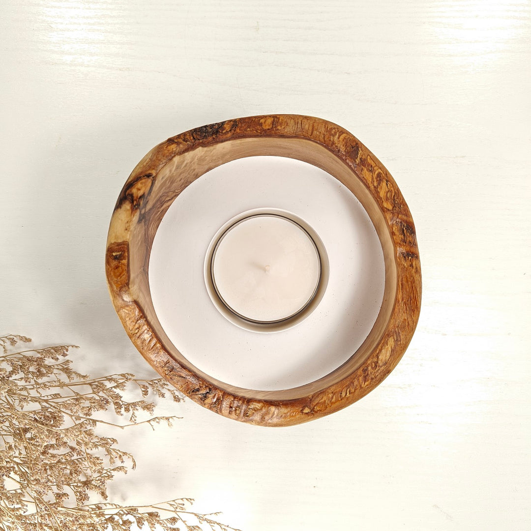 Teelicht-Kerze in Olivenholzschale, TRC-L-00172, D 14cm, 60mm Teelicht