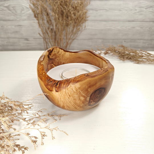 Teelicht-Kerze in Olivenholzschale, TRC-L-00172, D 14cm, 60mm Teelicht