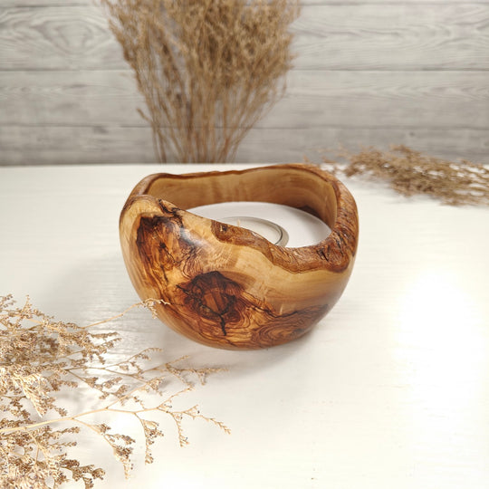 Teelicht-Kerze in Olivenholzschale, TRC-L-00172, D 14cm, 60mm Teelicht
