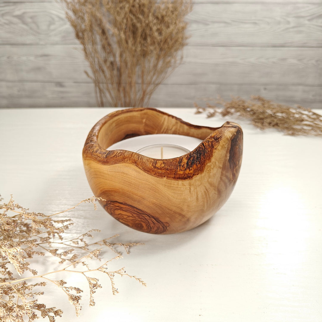 Teelicht-Kerze in Olivenholzschale, TRC-L-00172, D 14cm, 60mm Teelicht