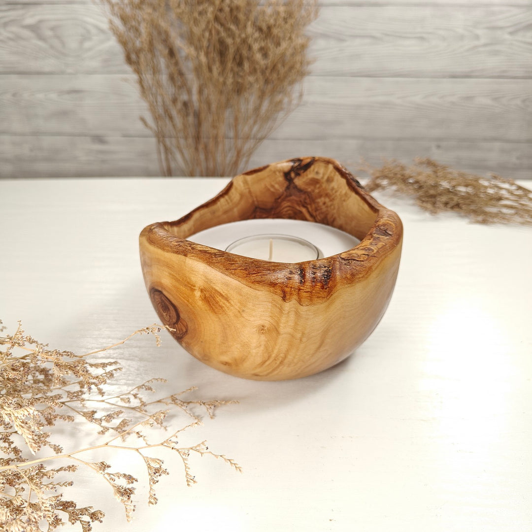Teelicht-Kerze in Olivenholzschale, TRC-L-00172, D 14cm, 60mm Teelicht