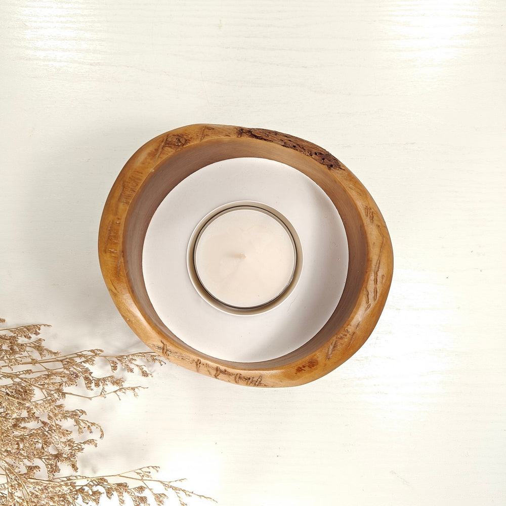Teelicht-Kerze in Olivenholzschale, TRC-L-00173, D 13cm, 60mm Teelicht