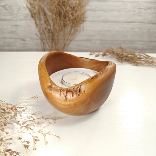 Teelicht-Kerze in Olivenholzschale, TRC-L-00173, D 13cm, 60mm Teelicht