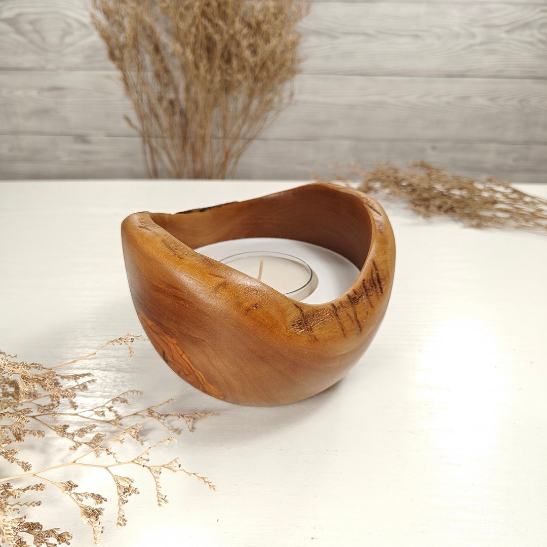 Teelicht-Kerze in Olivenholzschale, TRC-L-00173, D 13cm, 60mm Teelicht