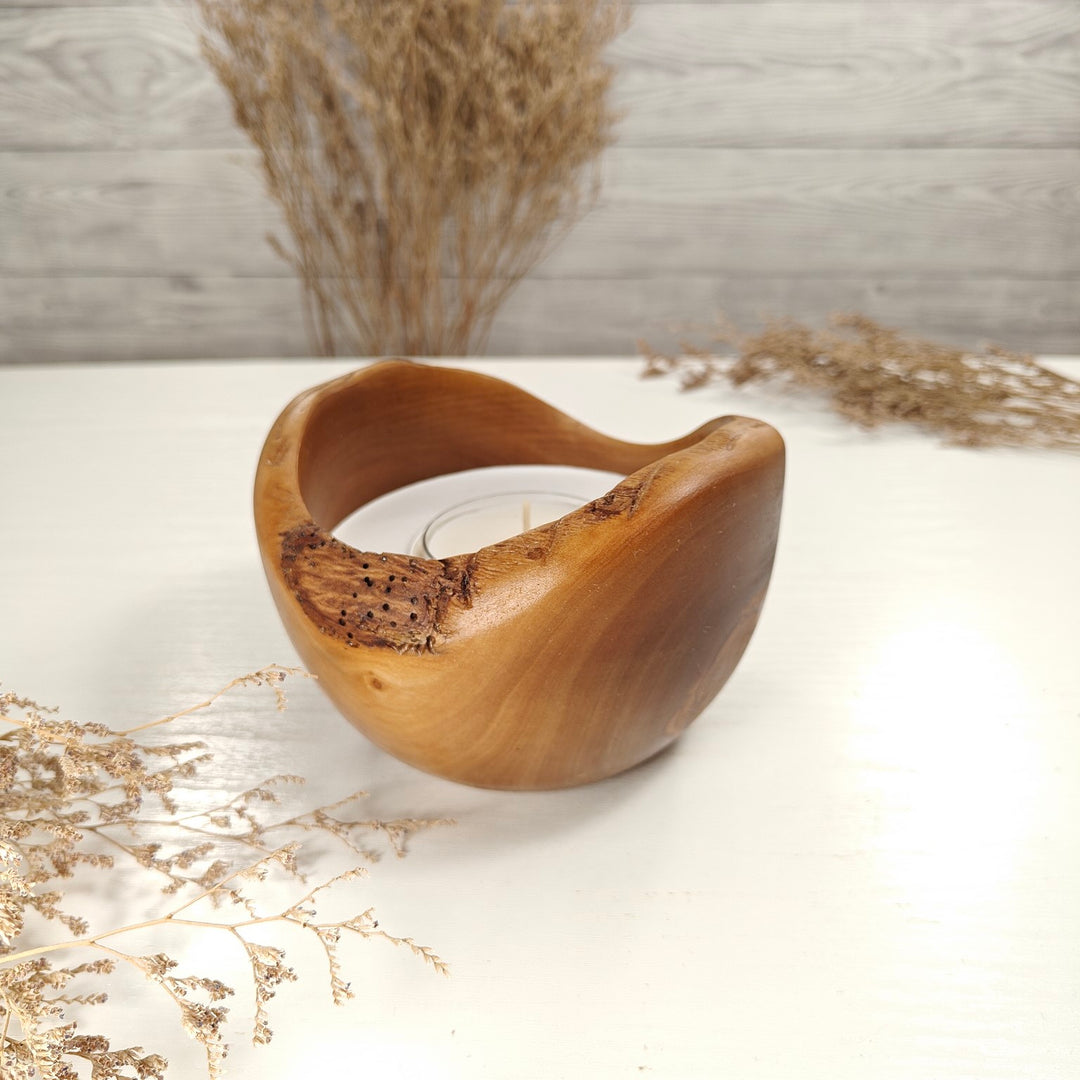 Teelicht-Kerze in Olivenholzschale, TRC-L-00173, D 13cm, 60mm Teelicht