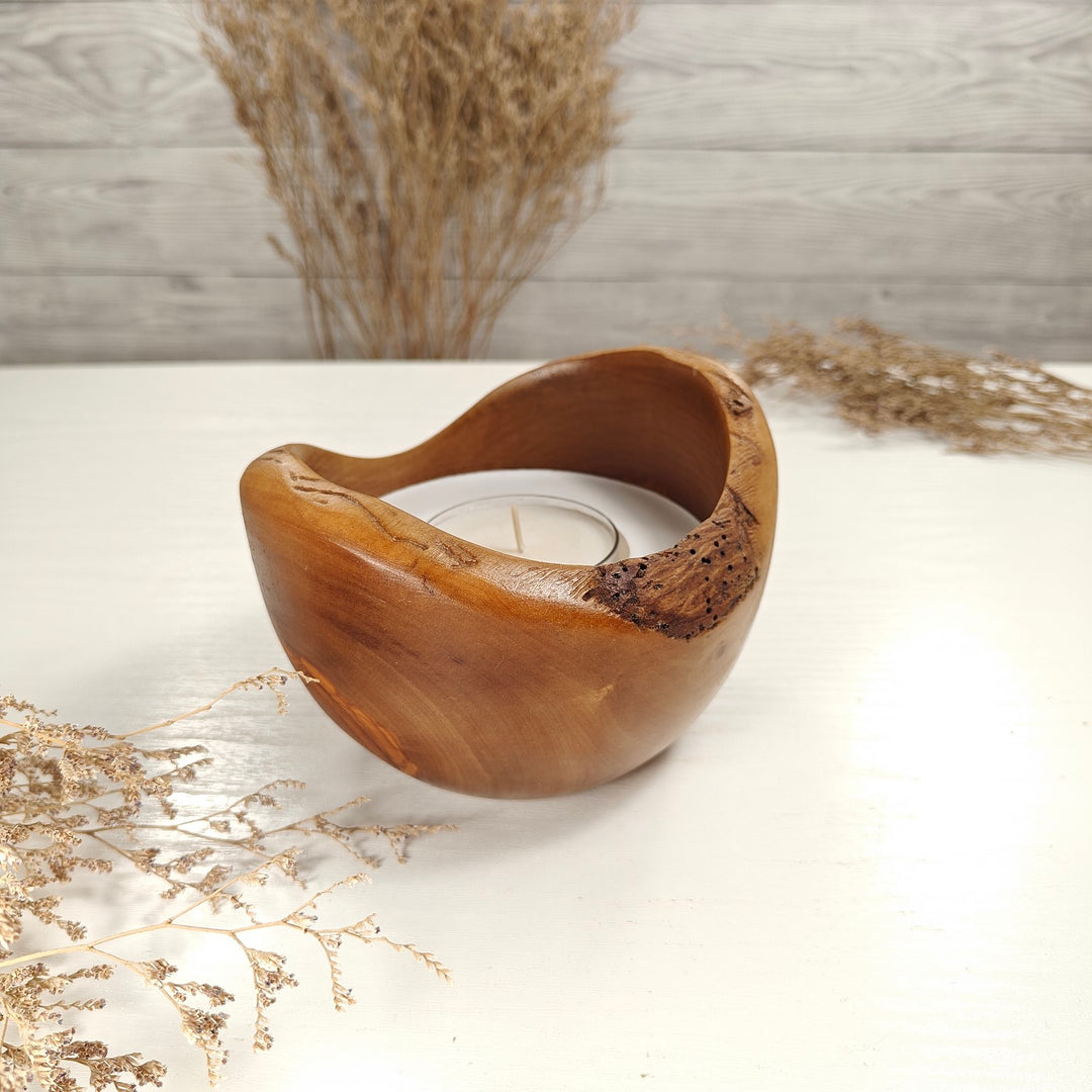 Teelicht-Kerze in Olivenholzschale, TRC-L-00173, D 13cm, 60mm Teelicht