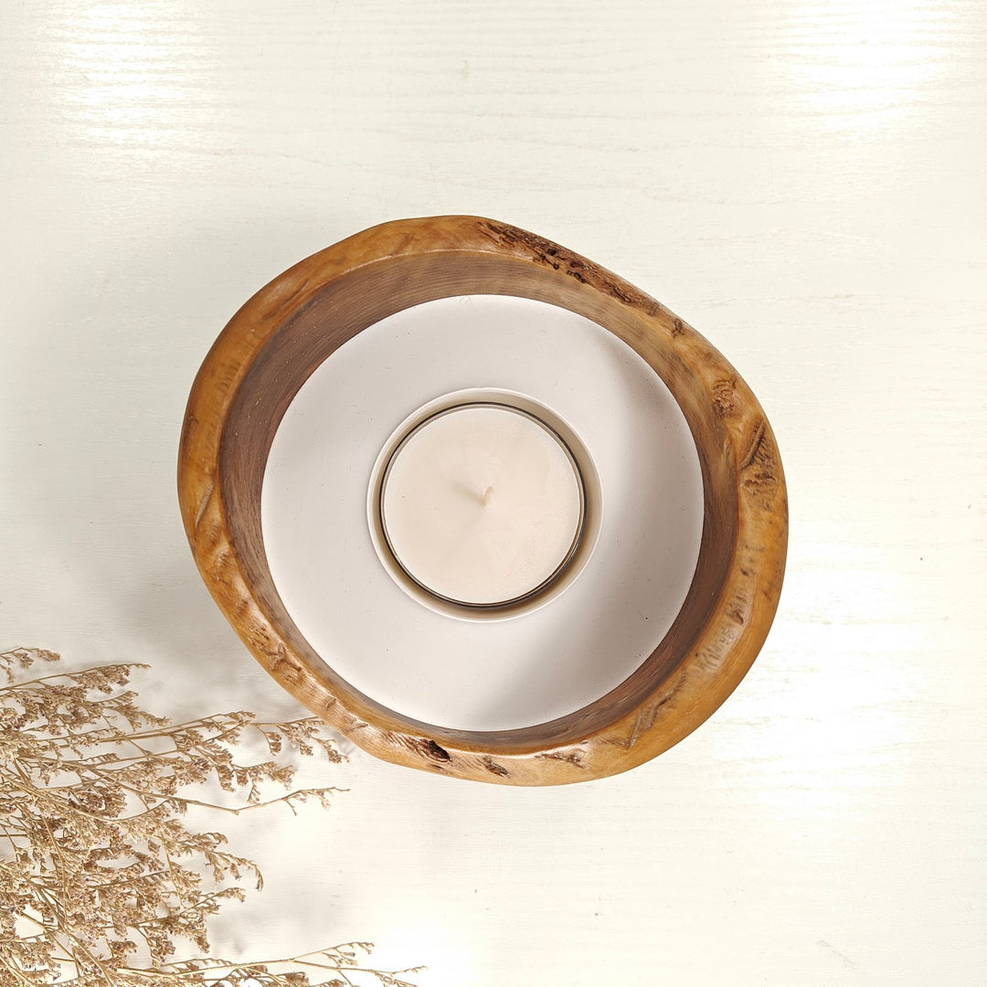 Teelicht-Kerze in Olivenholzschale, TRC-L-00174, D 14cm, 60mm Teelicht
