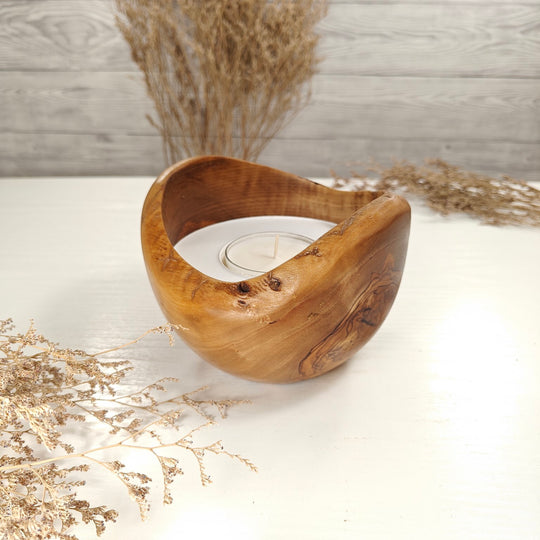 Teelicht-Kerze in Olivenholzschale, TRC-L-00174, D 14cm, 60mm Teelicht