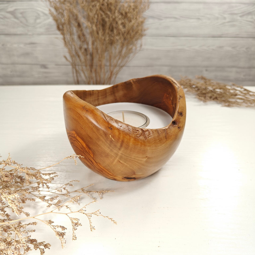 Teelicht-Kerze in Olivenholzschale, TRC-L-00174, D 14cm, 60mm Teelicht