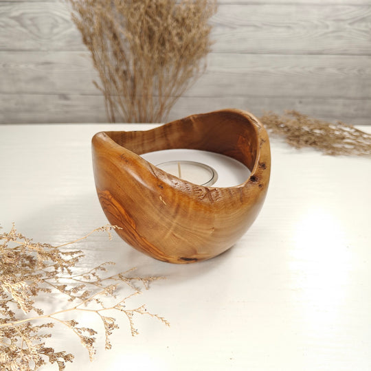 Teelicht-Kerze in Olivenholzschale, TRC-L-00174, D 14cm, 60mm Teelicht